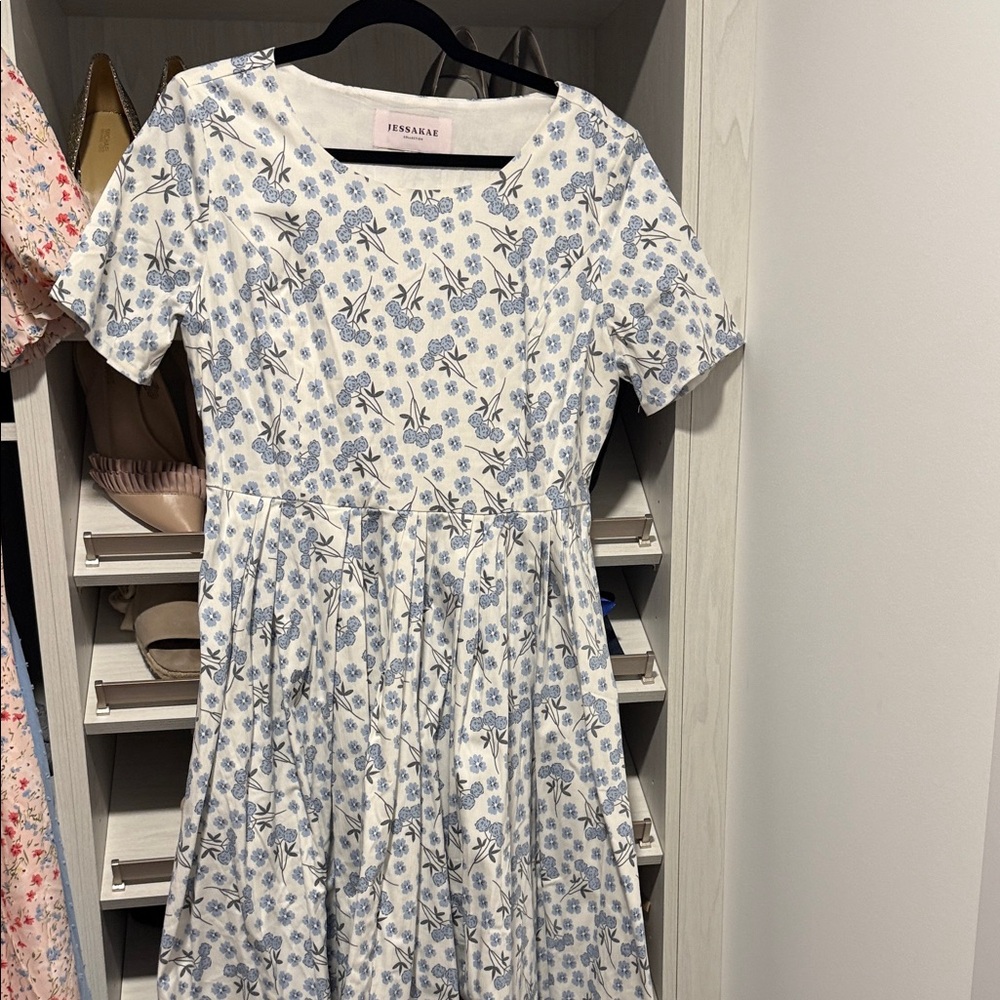 JessaKae White Dress with Blue Floral Pattern